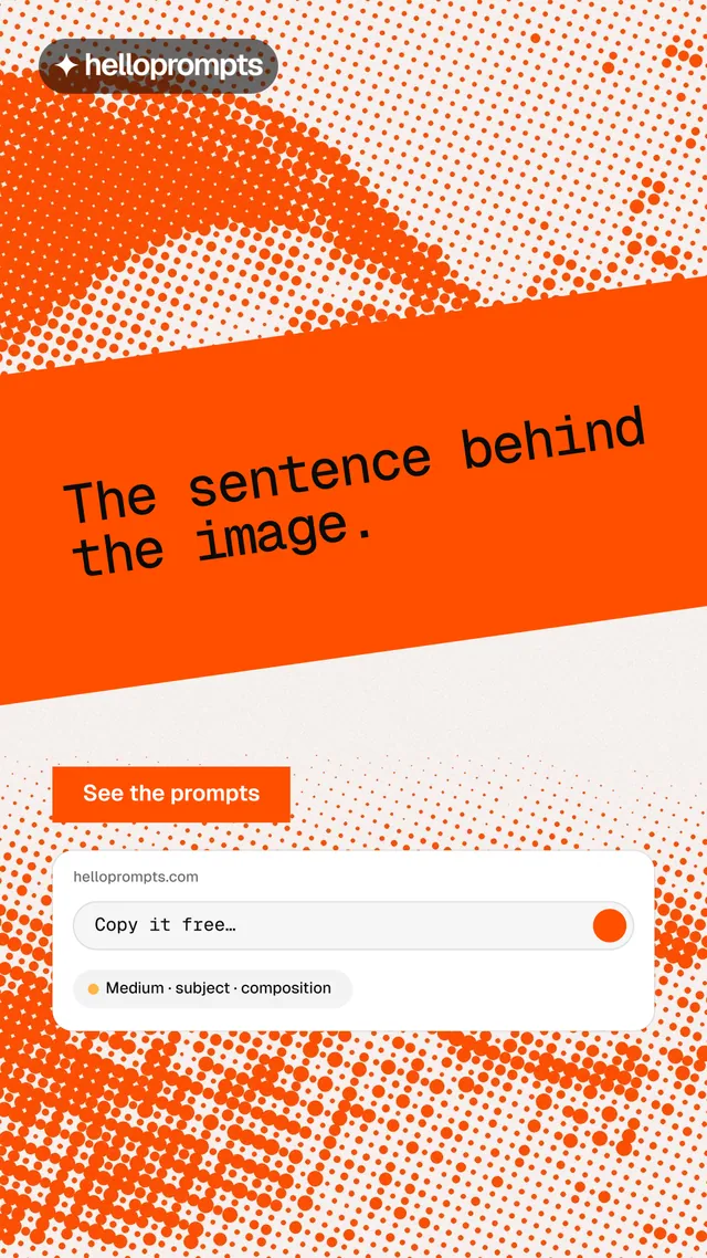 Instagram story for HelloPrompts: "The sentence behind the image." Swiss style, diagonal layout, light palette in orange, white.