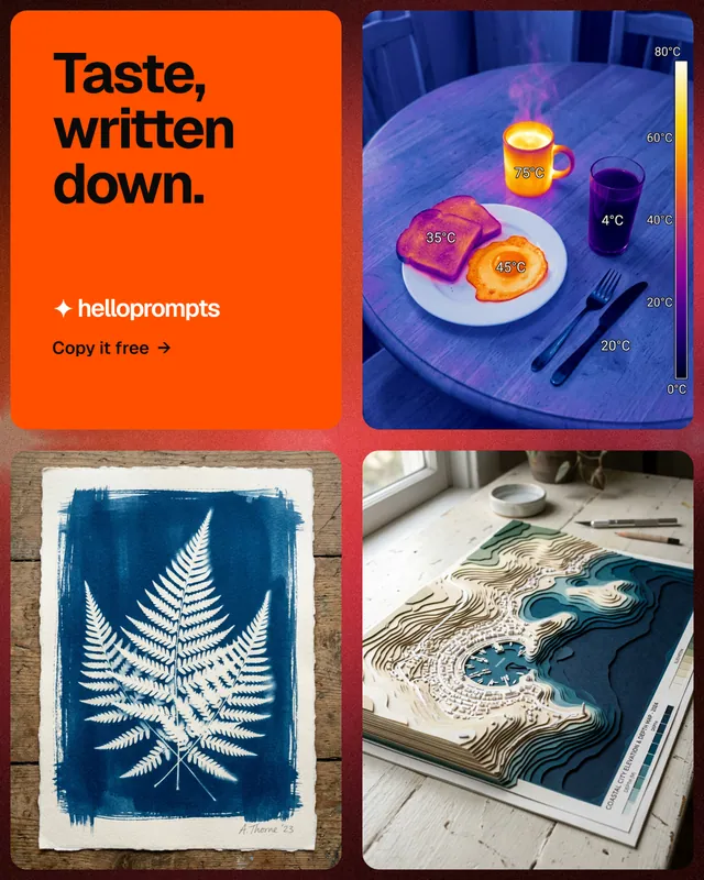 Instagram portrait post for HelloPrompts: "Taste, written down." Agentic glass style, collage layout, dark palette in blue, red, grey.