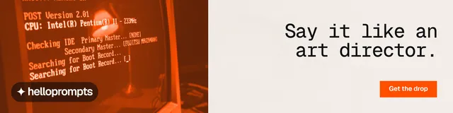 LinkedIn banner for HelloPrompts: "Say it like an art director." Swiss style, right layout, light palette in orange, white.
