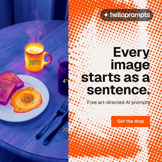 Instagram post for HelloPrompts: "Every image starts as a sentence." Swiss style, right layout, light palette in blue, orange, red.
