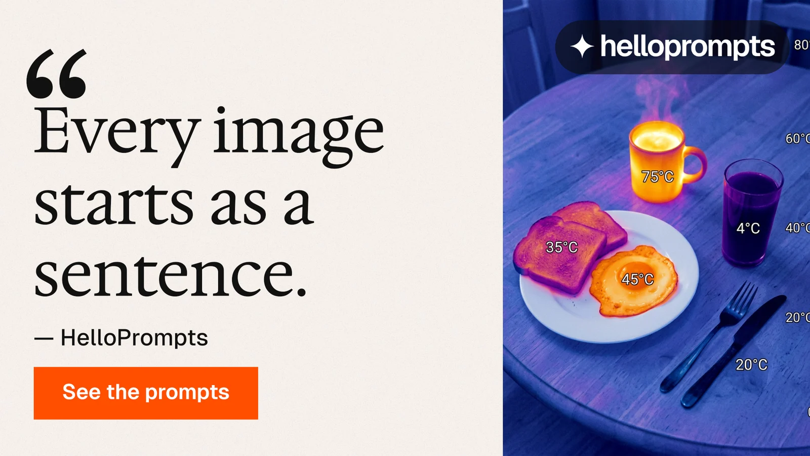 Landscape graphic for HelloPrompts: "Copy it free." Swiss style, quote layout, light palette in white, blue, grey.