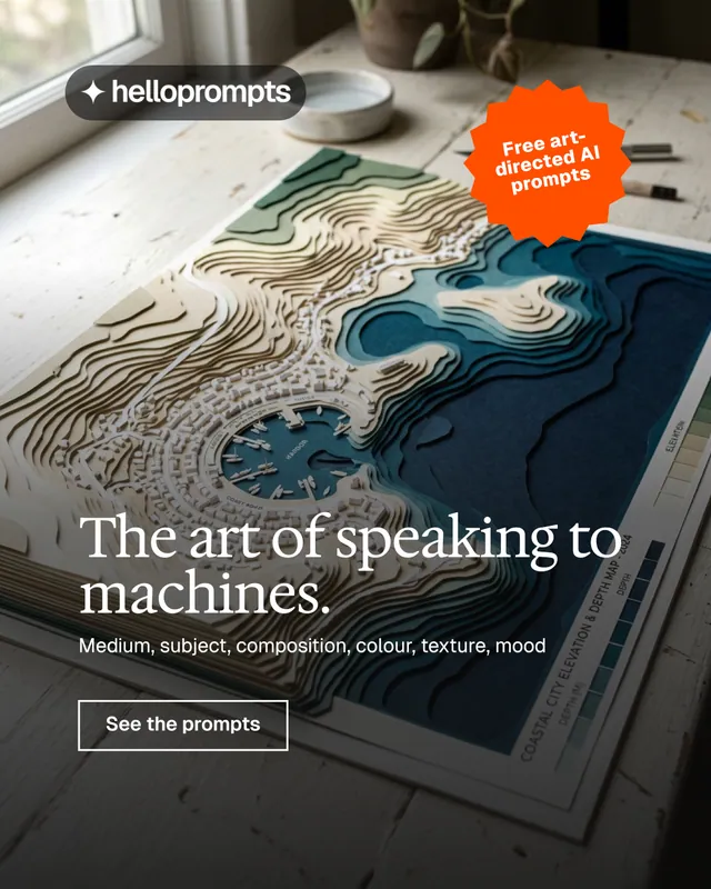 Instagram portrait post for HelloPrompts: "The art of speaking to machines." Editorial style, sticker layout, dark palette in grey, black.