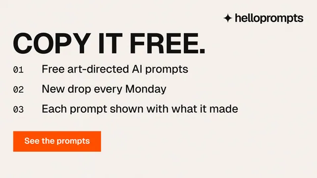 Landscape graphic for HelloPrompts: "Copy it free." Swiss style, numbered layout, light palette in white, orange.