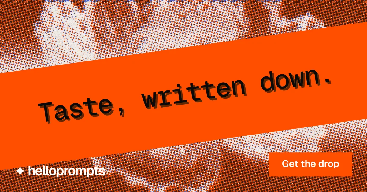 Social ad for HelloPrompts: "Taste, written down." Swiss style, diagonal layout, light palette in orange.