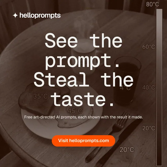 Instagram post for HelloPrompts: "See the prompt. Steal the taste." Photo poster style, centred layout, dark palette in orange, grey.