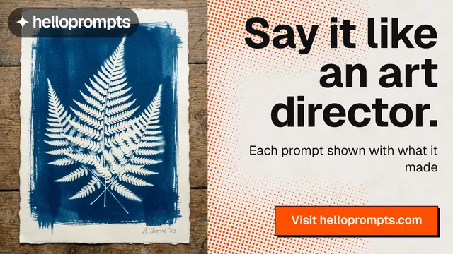 Landscape graphic for HelloPrompts: "Say it like an art director." Brutalist style, right layout, light palette in grey, orange.