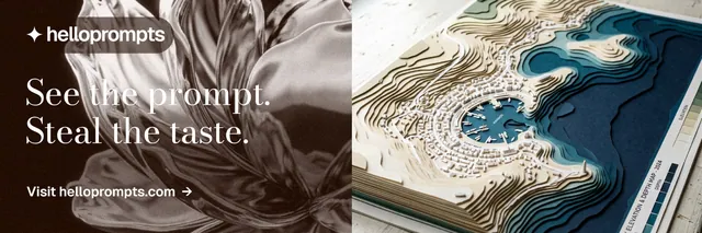 X header for HelloPrompts: "See the prompt. Steal the taste." Minimal luxury style, bottom layout, light palette in black, grey, orange.