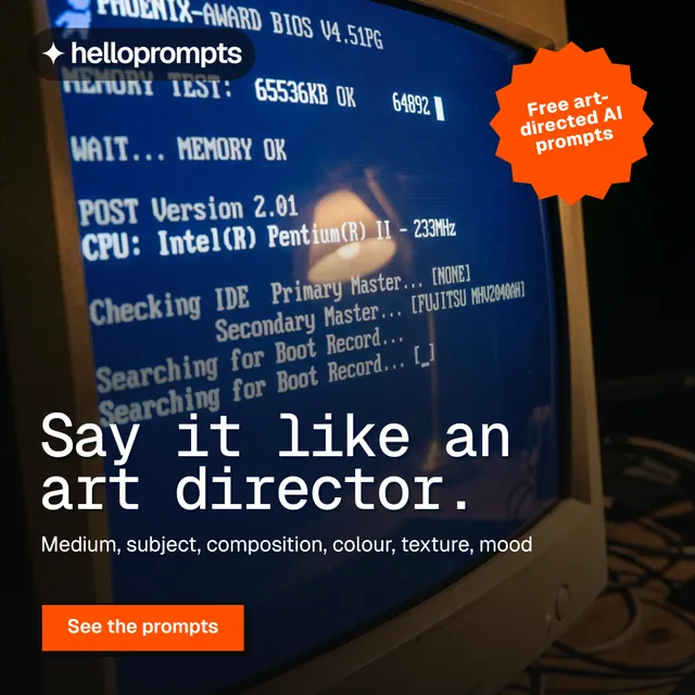 Instagram post for HelloPrompts: "Say it like an art director." Brutalist style, sticker layout, dark palette in blue, grey, black.