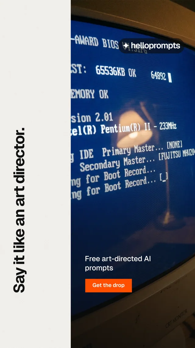 Instagram story for HelloPrompts: "Say it like an art director." Swiss style, vertical layout, light palette in white, blue, black.