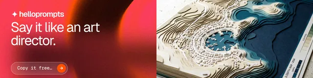 LinkedIn banner for HelloPrompts: "Say it like an art director." Agentic glass style, bottom layout, dark palette in red, grey, orange.