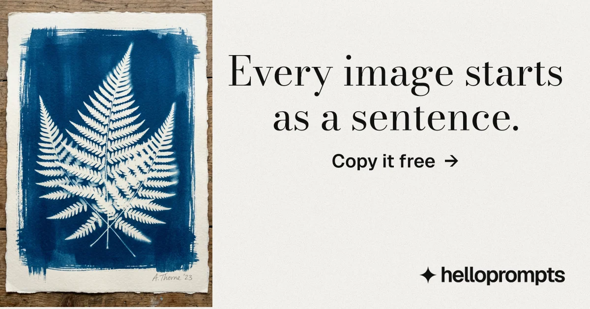 Social ad for HelloPrompts: "Every image starts as a sentence." Minimal luxury style, skeleton layout, light palette in white, blue, grey.