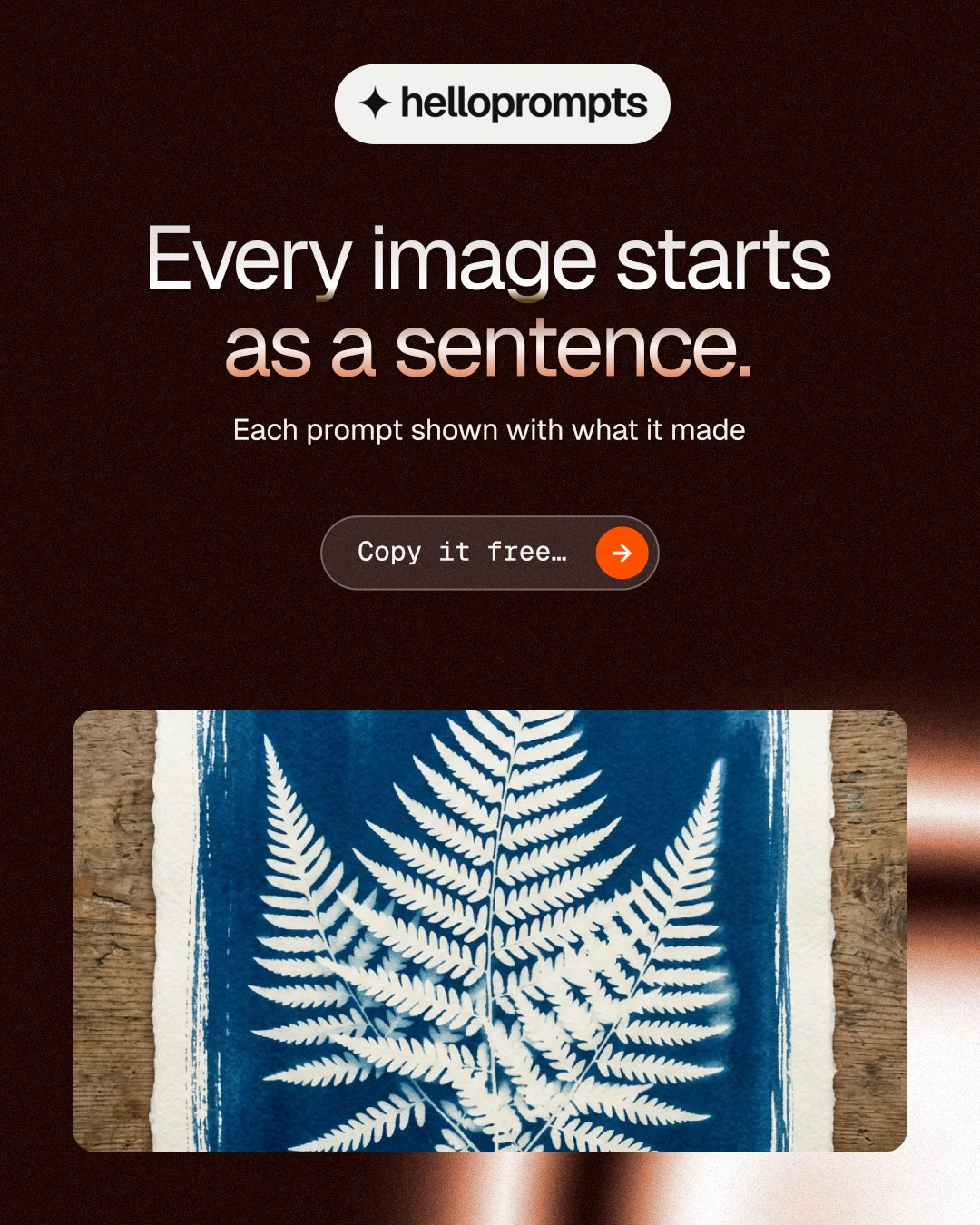 Instagram portrait post for HelloPrompts: "Every image starts as a sentence." Agentic glass style, centred layout, dark palette in black, grey, white.