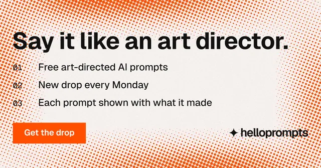 Social ad for HelloPrompts: "Say it like an art director." Swiss style, numbered layout, light palette in orange, white.