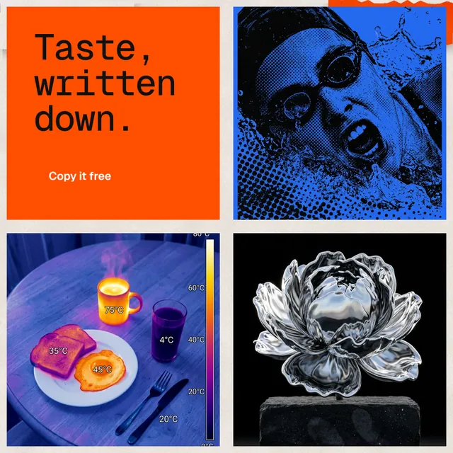 Instagram post for HelloPrompts: "Taste, written down." Swiss style, collage layout, dark palette in black, grey, red.