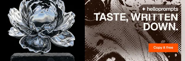 X header for HelloPrompts: "Taste, written down." Swiss style, right layout, dark palette in black, grey, orange.