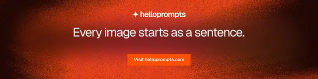 LinkedIn banner for HelloPrompts: "Every image starts as a sentence." Swiss style, centred layout, dark palette in red, black.