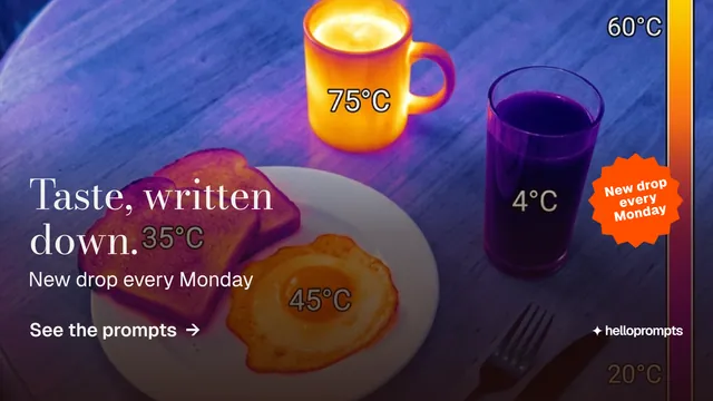 Landscape graphic for HelloPrompts: "Taste, written down." Minimal luxury style, sticker layout, dark palette in purple, blue, pink.