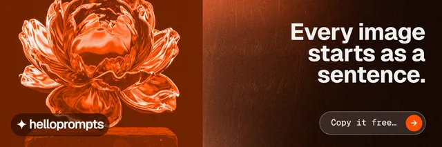 X header for HelloPrompts: "Every image starts as a sentence." Agentic glass style, right layout, dark palette in orange, black.
