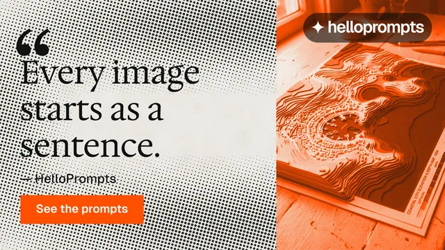 Landscape graphic for HelloPrompts: "The sentence behind the image." Retro print style, quote layout, light palette in orange, grey, white.
