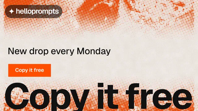 Landscape graphic for HelloPrompts: "Prompts that show their work." Swiss style, oversized layout, light palette in orange.