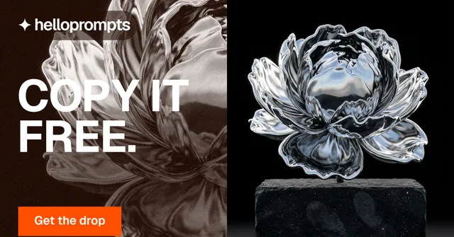 Social ad for HelloPrompts: "Copy it free." Swiss style, bottom layout, dark palette in grey, black, orange.
