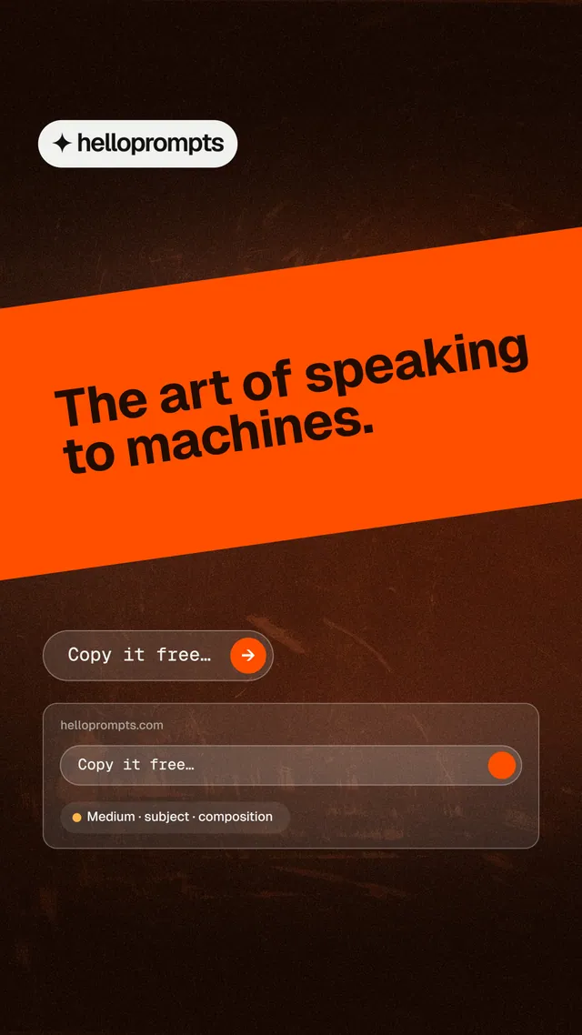 Instagram story for HelloPrompts: "The art of speaking to machines." Agentic glass style, diagonal layout, dark palette in black, orange.