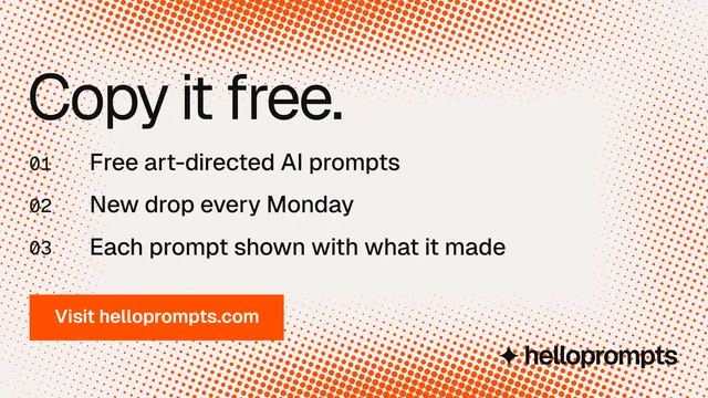 Landscape graphic for HelloPrompts: "Copy it free." Swiss style, numbered layout, light palette in white, orange.