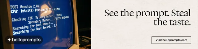 LinkedIn banner for HelloPrompts: "See the prompt. Steal the taste." Editorial style, right layout, light palette in blue, white, grey.