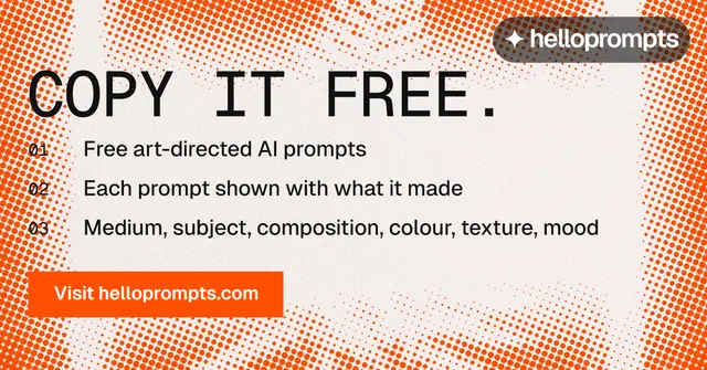 Social ad for HelloPrompts: "Copy it free." Retro print style, numbered layout, light palette in orange, white.