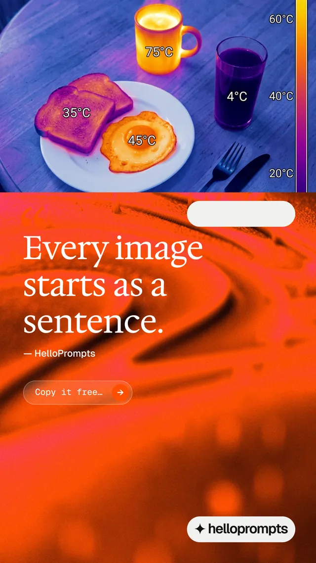 Instagram story for HelloPrompts: "Every image starts as a sentence." Agentic glass style, quote layout, dark palette in red, pink, orange.