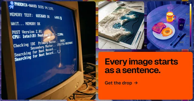 Social ad for HelloPrompts: "Every image starts as a sentence." Agentic glass style, collage layout, dark palette in blue, orange, red.