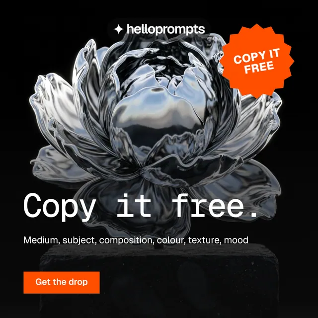 Instagram post for HelloPrompts: "Copy it free." Swiss style, sticker layout, dark palette in grey, black, orange.