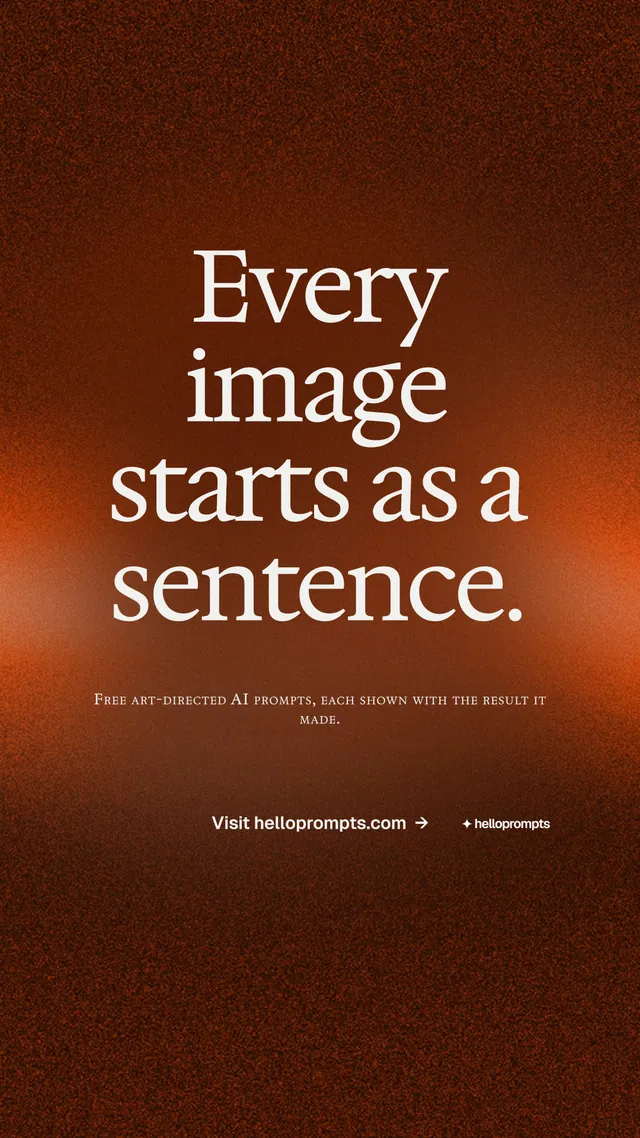 Instagram story for HelloPrompts: "Every image starts as a sentence." Swiss style, smallcaps layout, dark palette in orange, brown.