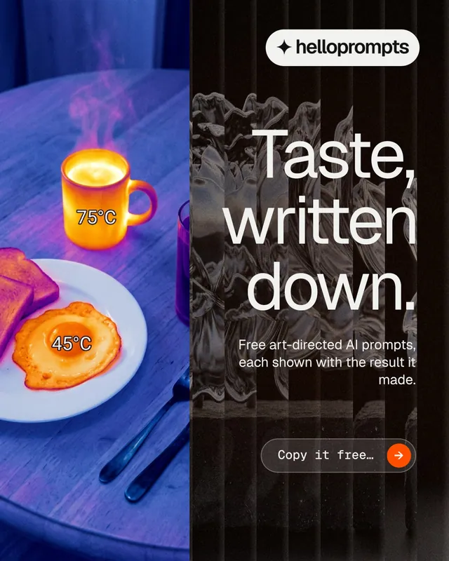 Instagram portrait post for HelloPrompts: "Taste, written down." Agentic glass style, right layout, dark palette in black, blue, grey.