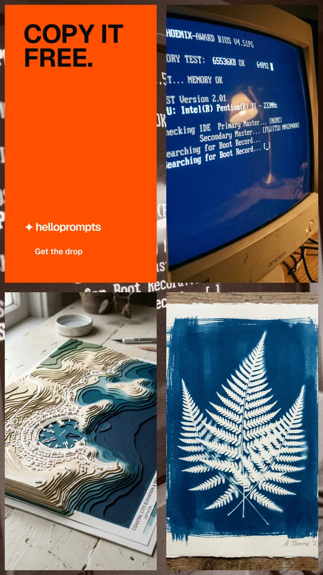 Instagram story for HelloPrompts: "Copy it free." Swiss style, collage layout, dark palette in blue, orange, grey.