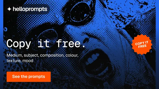 Landscape graphic for HelloPrompts: "Copy it free." Swiss style, sticker layout, dark palette in blue, black.