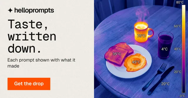 Social ad for HelloPrompts: "Taste, written down." Swiss style, bottom layout, light palette in yellow, blue, orange.