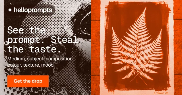 Social ad for HelloPrompts: "See the prompt. Steal the taste." Swiss style, bottom layout, dark palette in orange, brown.