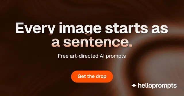 Social ad for HelloPrompts: "Every image starts as a sentence." Y2K style, centred layout, dark palette in black, orange.