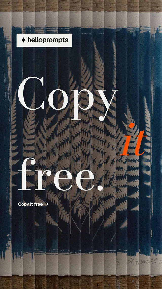 Instagram story for HelloPrompts: "Copy it free." Minimal luxury style, stacked layout, dark palette in grey, black, blue.