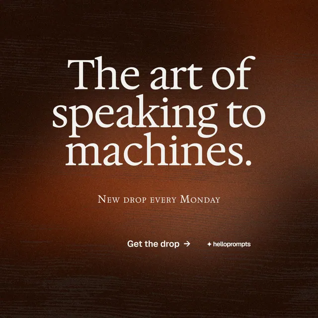 Instagram post for HelloPrompts: "The art of speaking to machines." Agentic glass style, smallcaps layout, dark palette in black, orange, grey.
