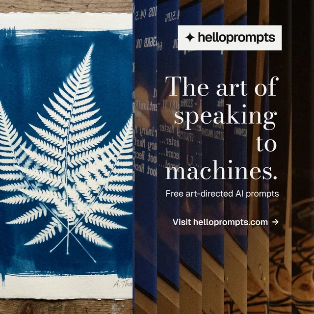 Instagram post for HelloPrompts: "The art of speaking to machines." Minimal luxury style, right layout, dark palette in black, grey, blue.
