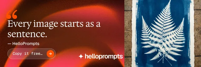 X header for HelloPrompts: "Say it like an art director." Agentic glass style, quote layout, dark palette in red, grey.