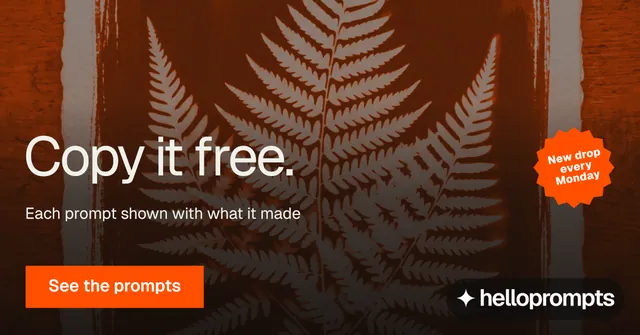 Social ad for HelloPrompts: "Copy it free." Swiss style, sticker layout, dark palette in black, brown, orange.
