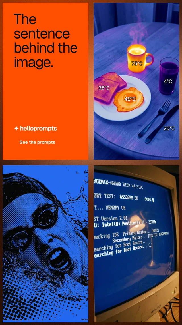 Instagram story for HelloPrompts: "The sentence behind the image." Swiss style, collage layout, dark palette in red, blue.