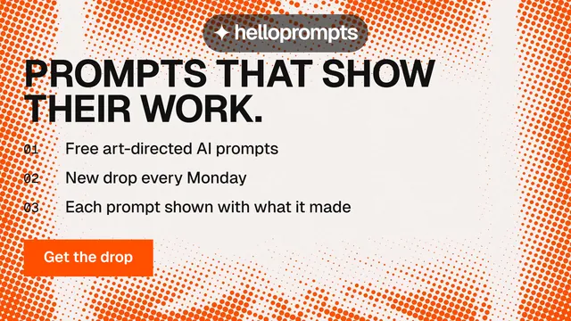 Landscape graphic for HelloPrompts: "Prompts that show their work." Swiss style, numbered layout, light palette in white, orange.