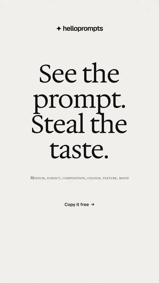 Instagram story for HelloPrompts: "See the prompt. Steal the taste." Editorial style, smallcaps layout, light palette in white.