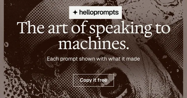 Social ad for HelloPrompts: "The art of speaking to machines." Editorial style, centred layout, dark palette in black, orange, grey.