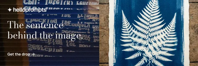 X header for HelloPrompts: "The sentence behind the image." Minimal luxury style, bottom layout, dark palette in grey, blue, black.