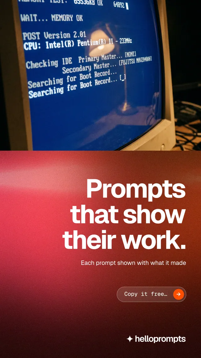 Instagram story for HelloPrompts: "Prompts that show their work." Agentic glass style, right layout, dark palette in blue, red.